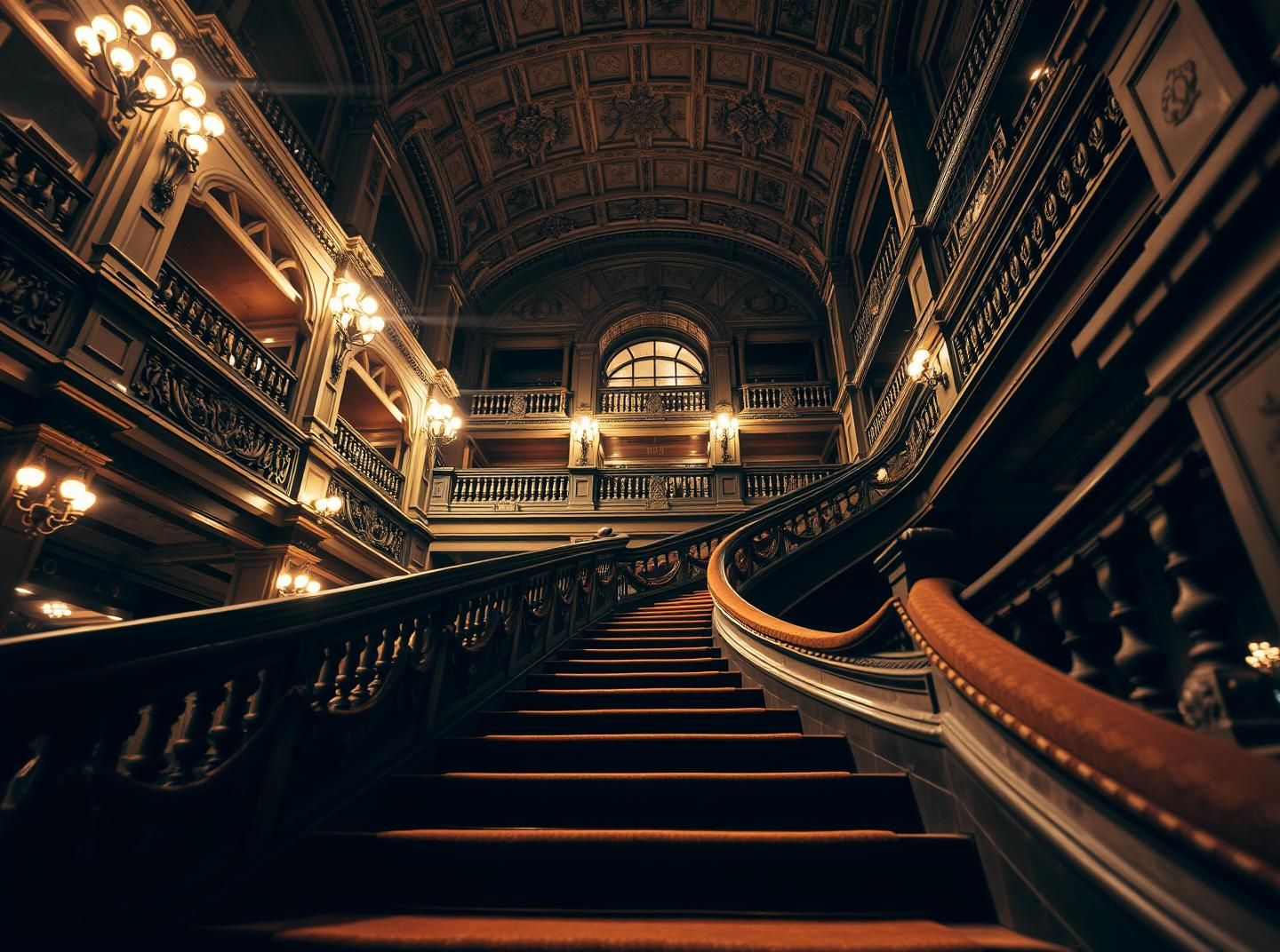 Grand Library Staircase at Night: Ornate, Sepia-toned Masterpiece in 8K
 | Unfold Lens
