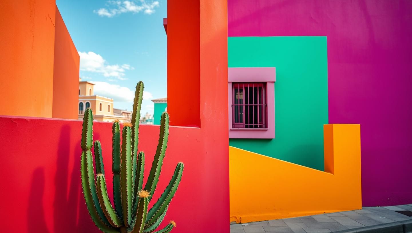 Guanajuato Mexico Color Block Architecture: Vibrant Cactus & Terracotta, 8K | Unfold Lens