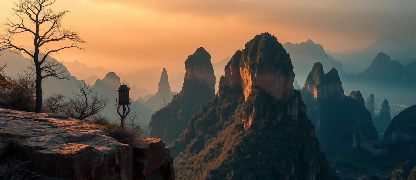 Guilin Karst Petrified Forest: Golden Hour Red Stone Towers Landscape | Unfold Lens