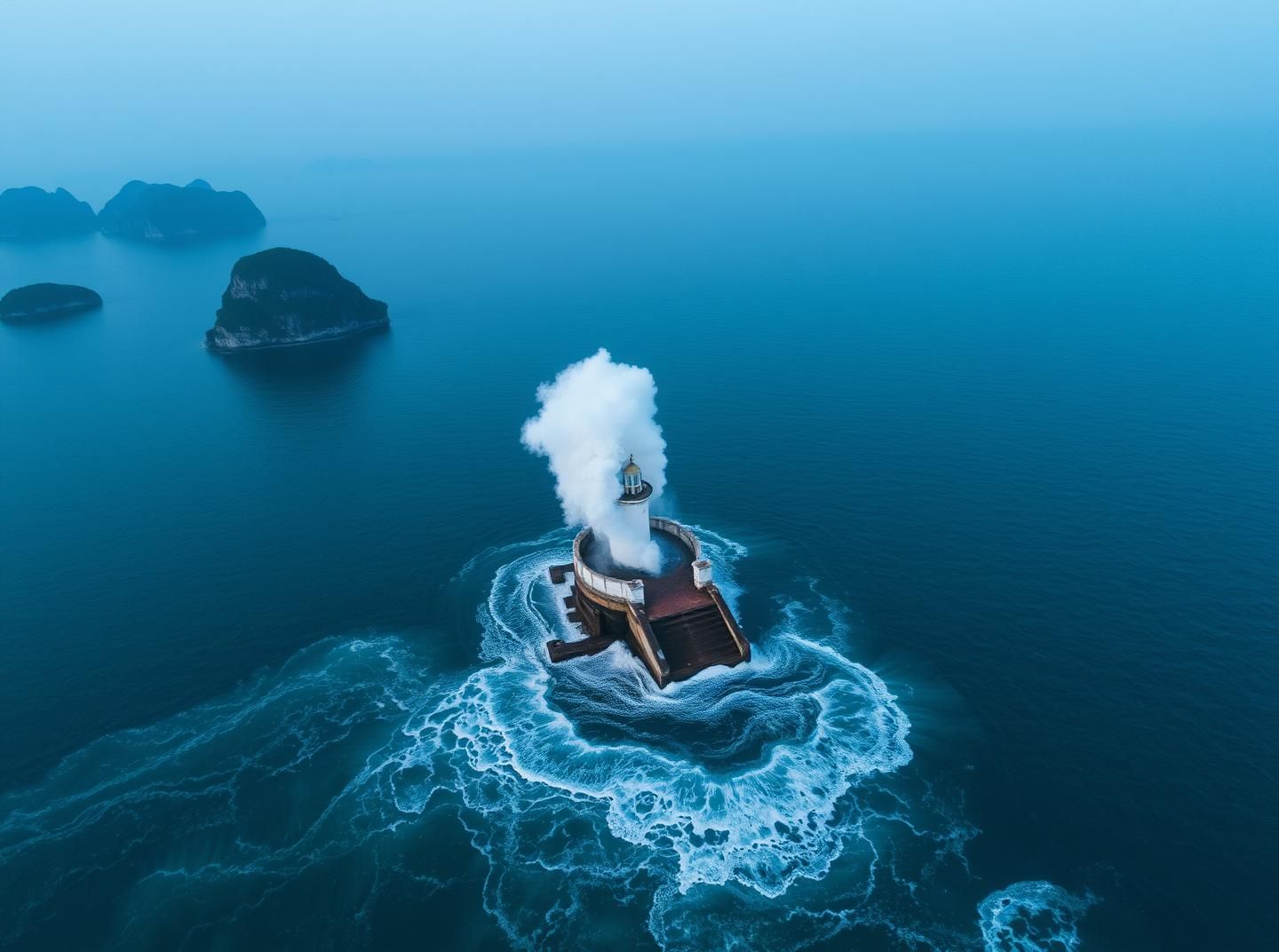 Ha Long Bay Lighthouse Wave: Blue Hour Drone View - Abstract Coastal Art
 | Unfold Lens