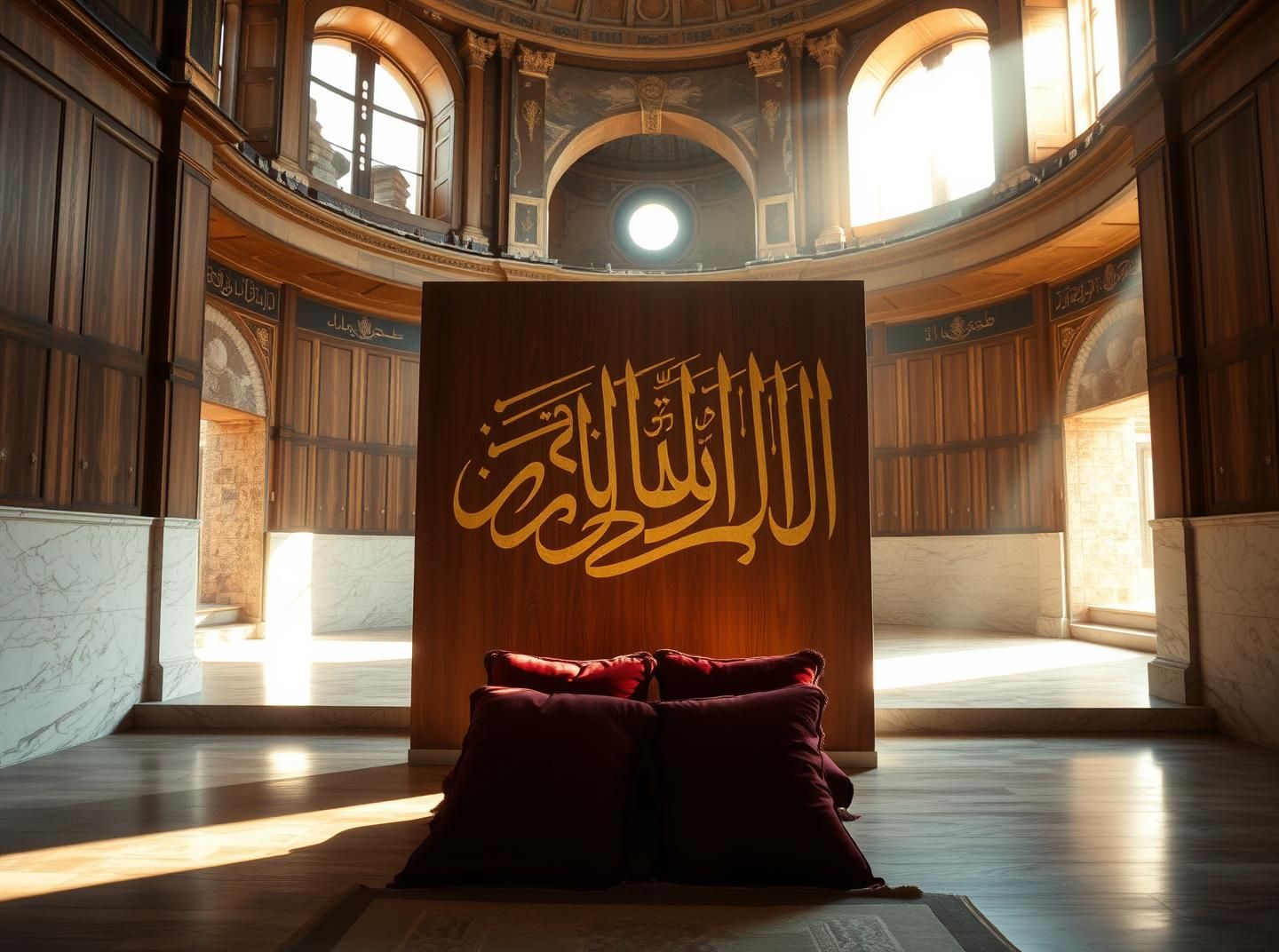 Hagia Sophia's Whispers: Golden Light on Thuluth Script, Ancient Majesty, 8k
 | Unfold Lens
