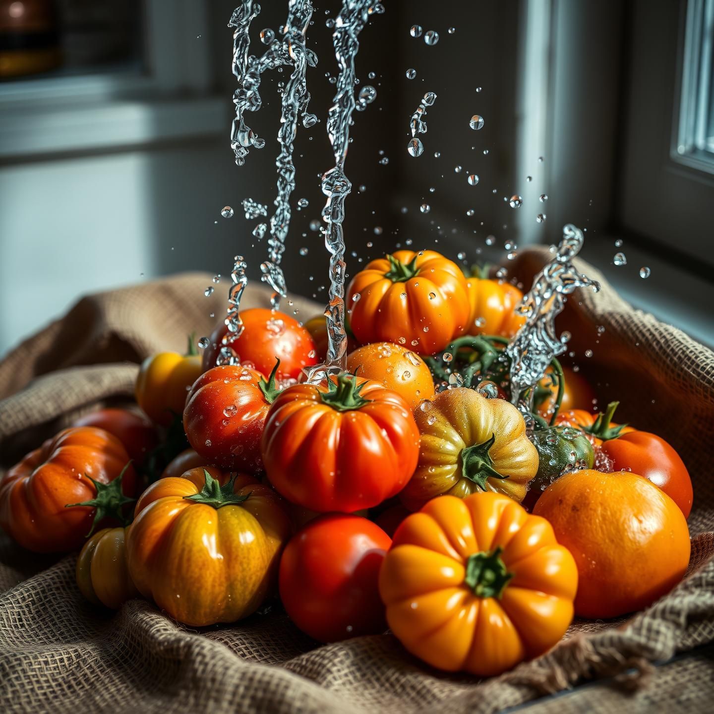 Heirloom Tomatoes Cascade Splash: Vibrant, Realistic, Burlap Burst, 8k | Unfold Lens