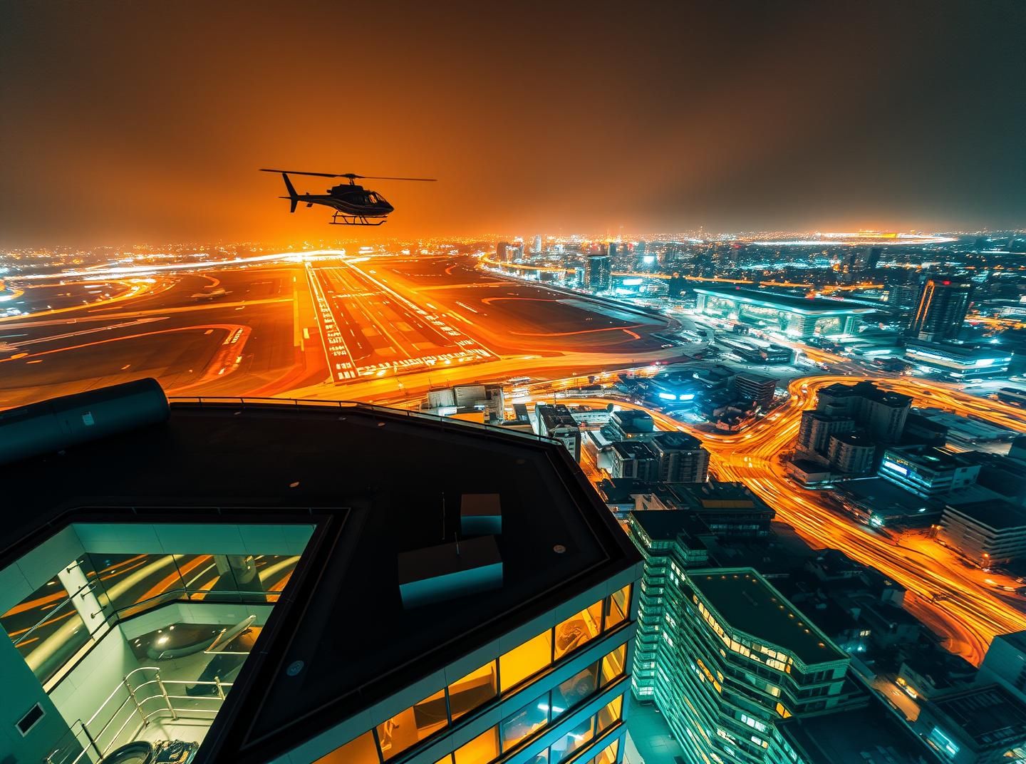 Helipad Light Trails: Airport Runway, Urban Motion, Fiery Night, 8K HDR
 | Unfold Lens