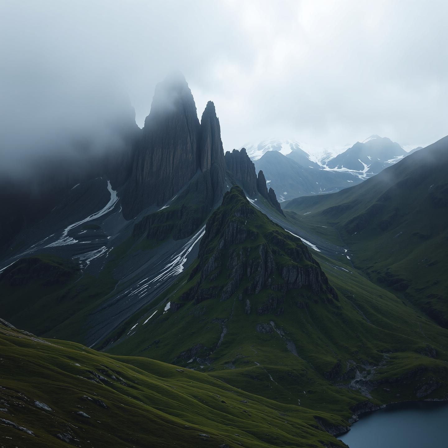 Highland Rock Spires: Moody Scottish Peaks, Glacial Shadows, Alpine Serenity
 | Unfold Lens