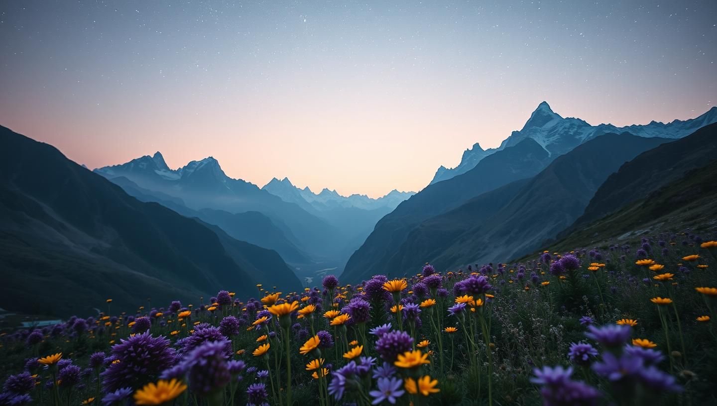 Himalayan Peaks & Wildflowers: Inspiring Nepal Landscape at Sunset in 8K
 | Unfold Lens