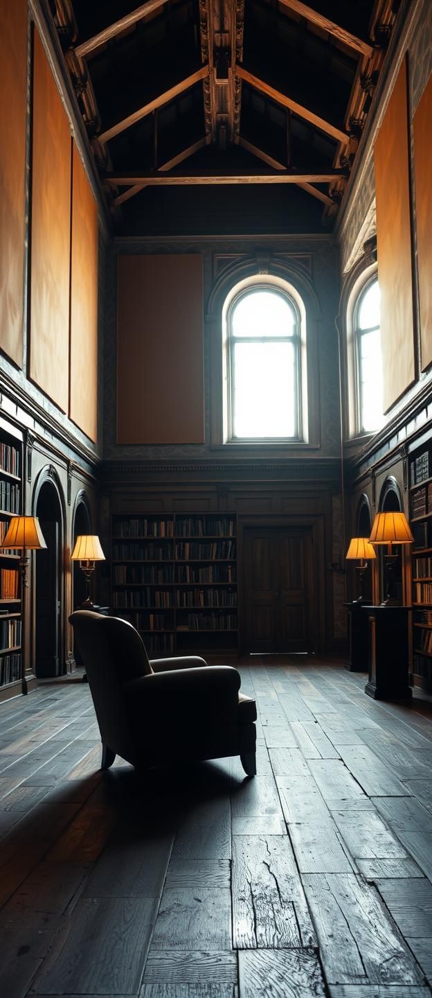Historic Library Armchair: Soft Light, Warm Wood Tones, Inspiring Solitude
 | Unfold Lens