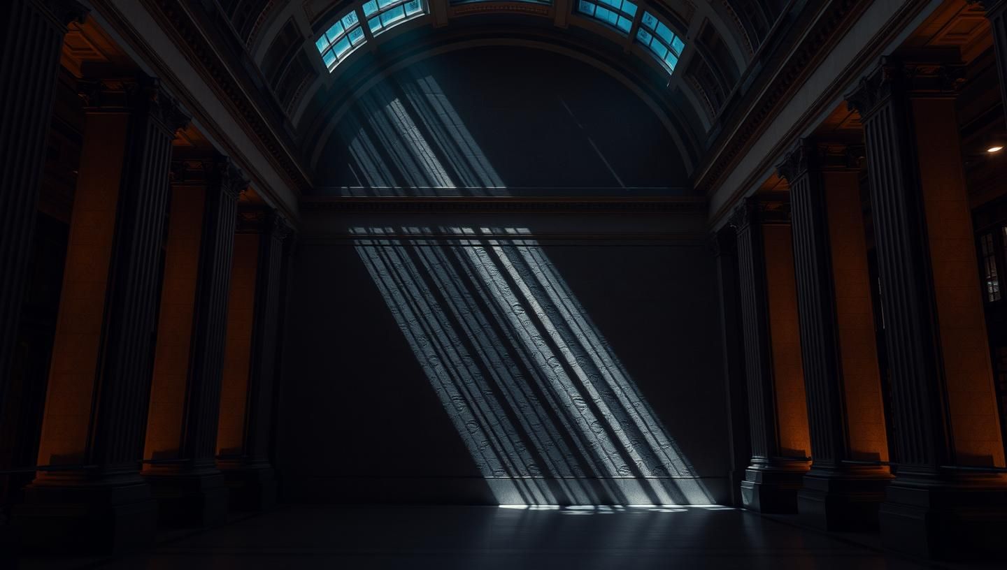 Historic Library's Dance of Light: Geometric Shapes & Ethereal Glow in Darkness
 | Unfold Lens
