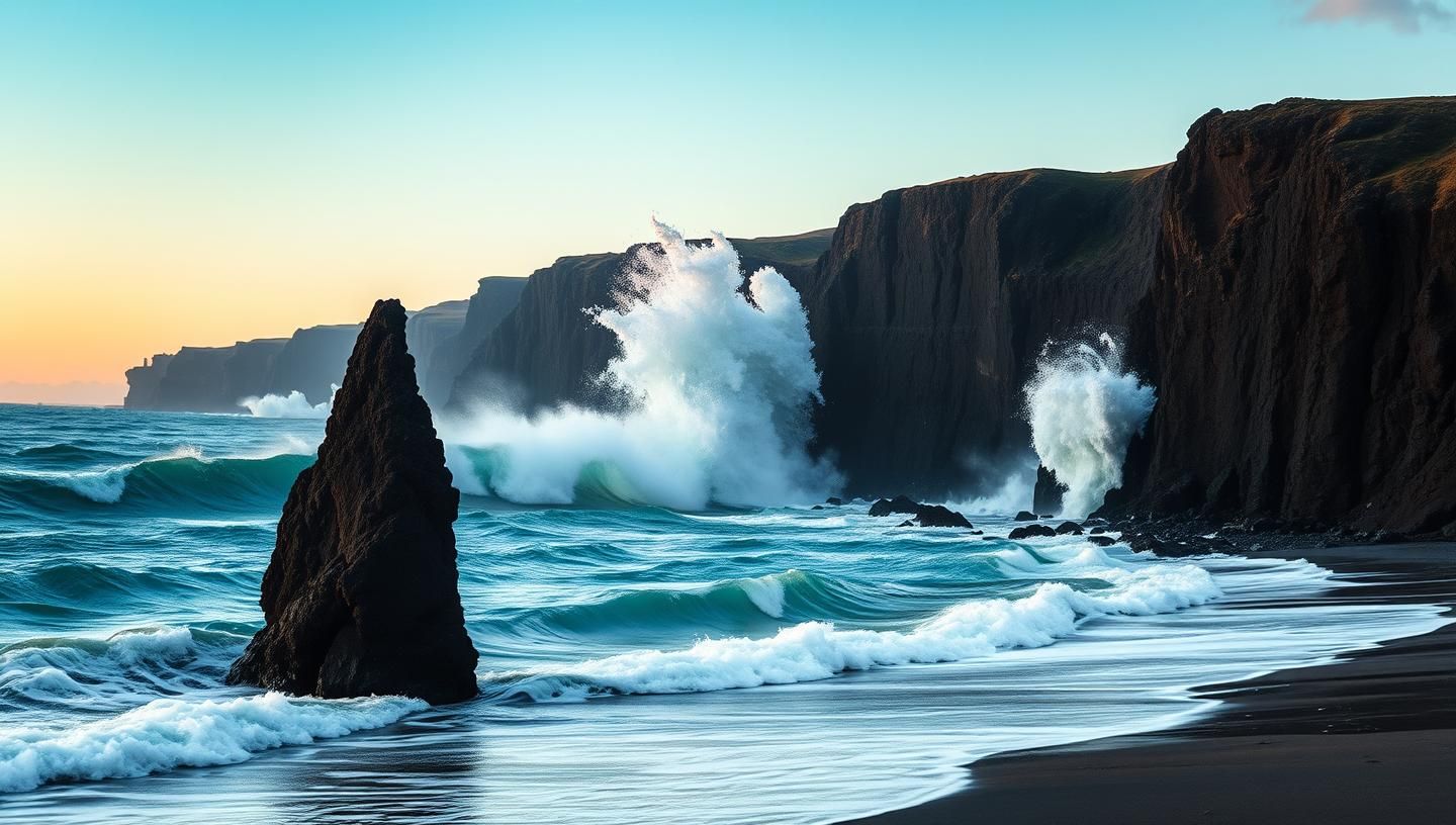 Iceland Coast Dawn: Golden Light on Black Cliffs, Sea Stack, 8K Beauty
 | Unfold Lens