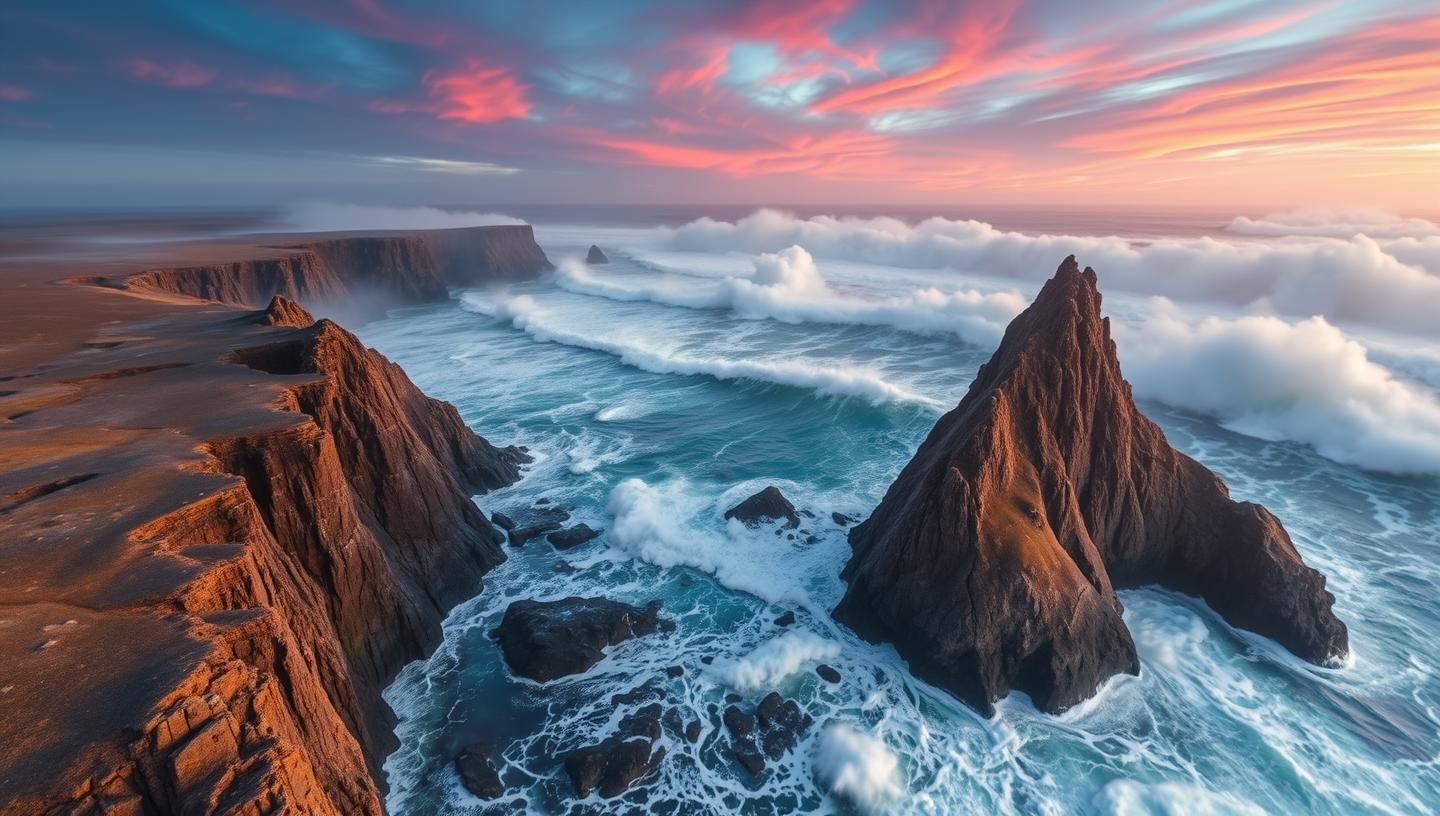 Iceland Coastline Cliffs Waves Seascape Fiery Sky Dream 8K Photography
 | Unfold Lens