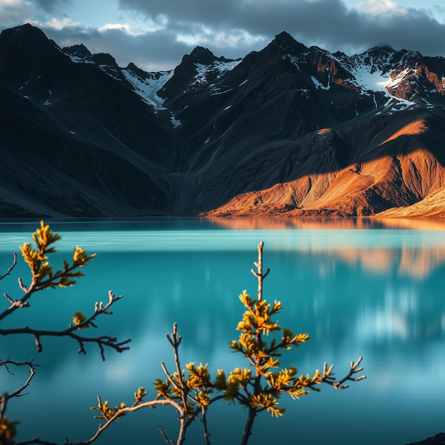 Iceland Highlands Lake Reflection: Alpine Mountain Range in Golden Light, 8K
 | Unfold Lens