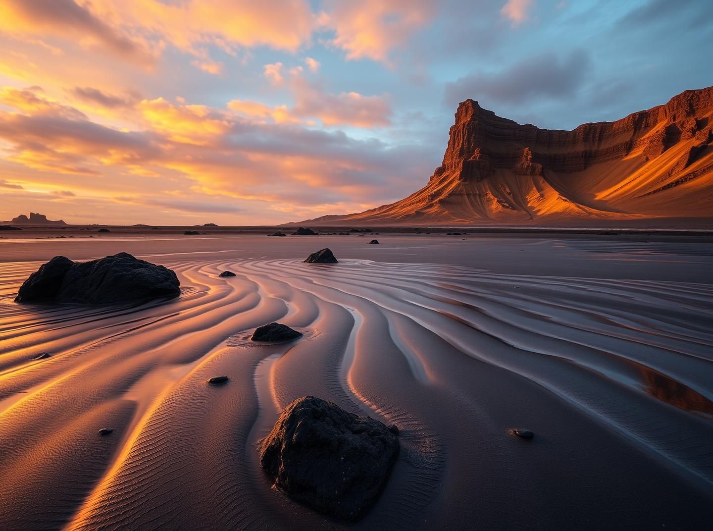 Iceland Volcanic Coast: Golden Hour, Silvery Tides, Ethereal Beauty
 | Unfold Lens