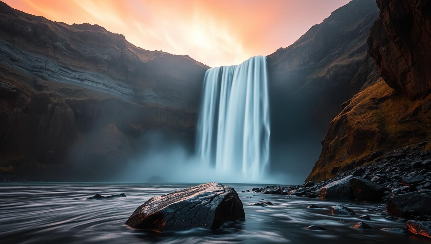 Iceland Waterfall Long Exposure: Ethereal Silk Ribbons at Blue Hour, Golden Light
 | Unfold Lens