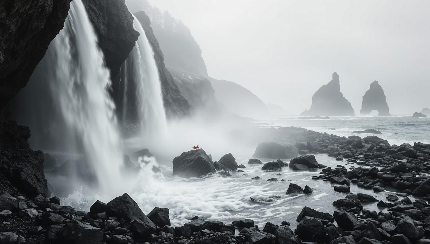 Iceland Waterfall Zen Ink Painting: Red Leaf, Black Rock, Misty Veil, 8K
 | Unfold Lens