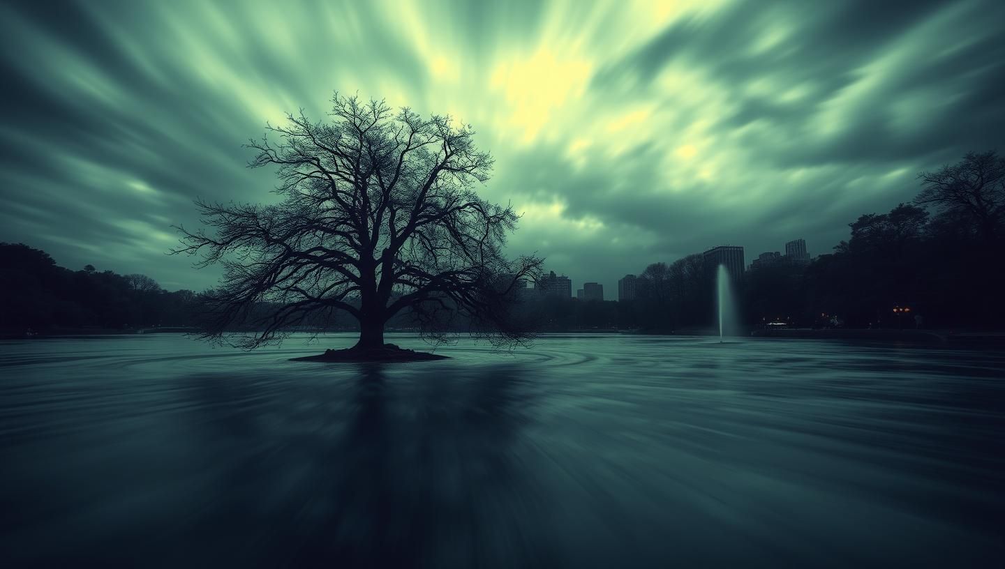 Iconic Tree Silhouetted at Twilight: Serene Lake Scene in 8K Resolution 
 | Unfold Lens