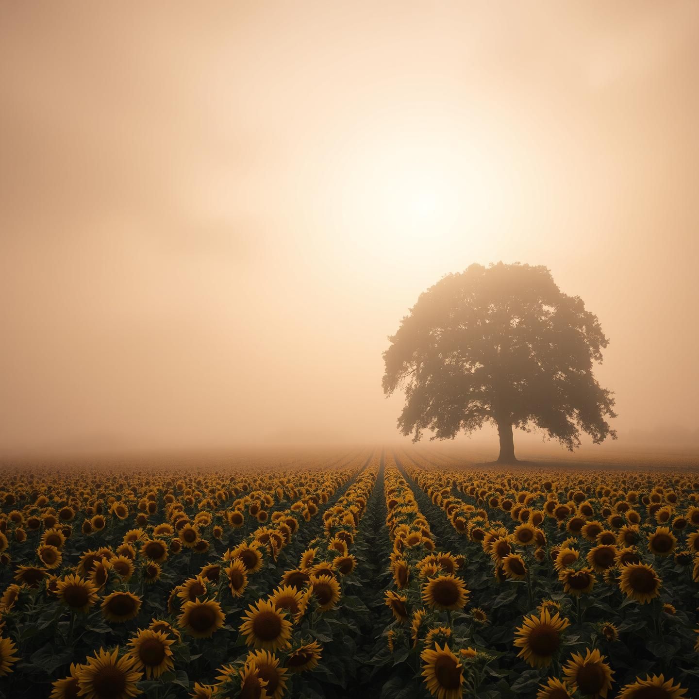 Iconic Tree Sunflower Field: Misty Morning Telephoto Beauty, Defiant Peace
 | Unfold Lens