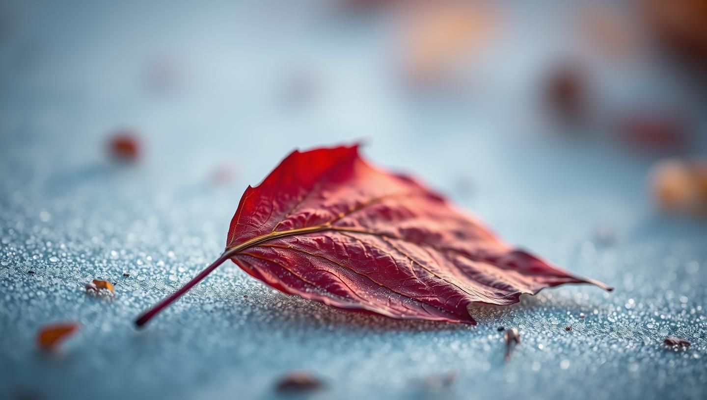 Icy Autumn Leaf Macro: Vibrant Colors, Minimalist Beauty, 8k Resolution | Unfold Lens