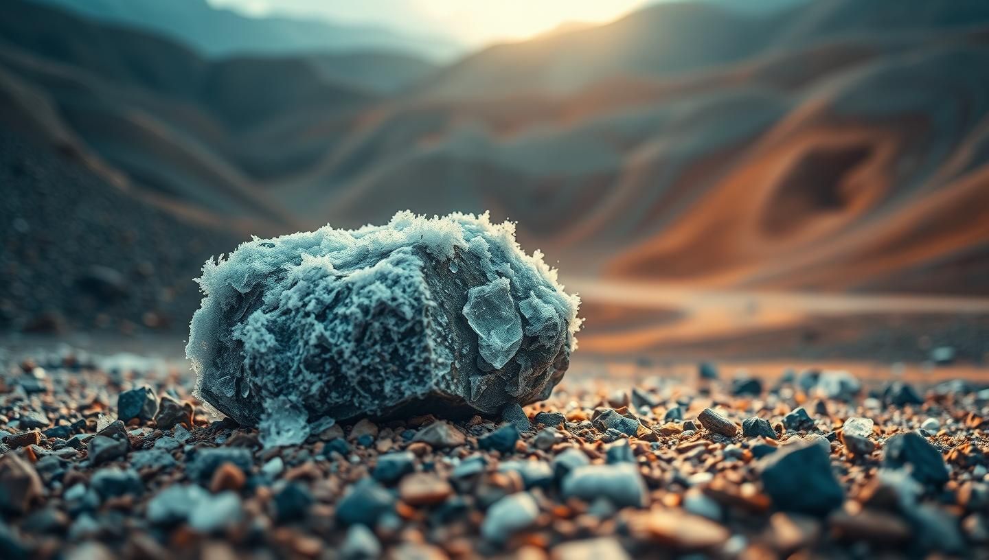 Icy Rock Formation in Open-Pit Mine: A Teal and Orange Geological Artwork
 | Unfold Lens