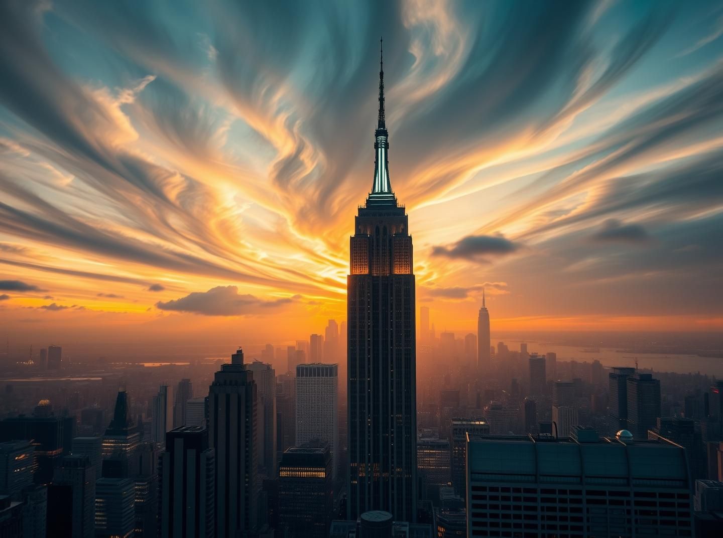 Imperial State Building Dusk: Golden New York City Skyline Silhouette
 | Unfold Lens