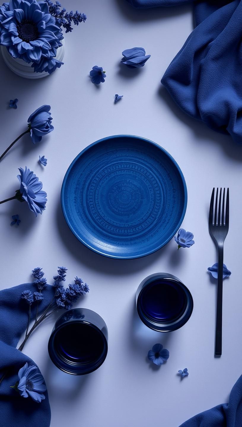 Indigo Dreamscape Still Life: Serene, Moody, Harmonious 8K Telephoto Flat Lay | Unfold Lens