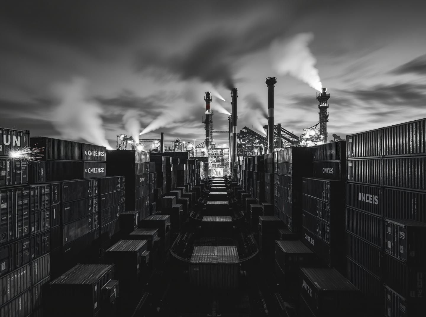 Industrial Abstract: Coastal Oil Refinery Dusk - Metallic Monochrome Symmetry
 | Unfold Lens