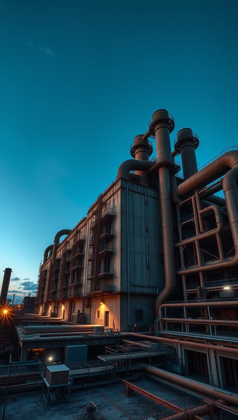 Industrial Rooftop Sunset: Geometric Ducts & Intense Light - 8K Factory Art
 | Unfold Lens