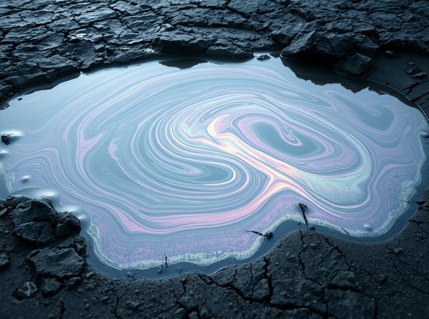 Iridescent Oil Slick Puddle Reflects Cliff: Vibrant Abstract Beach Art 8K | Unfold Lens
