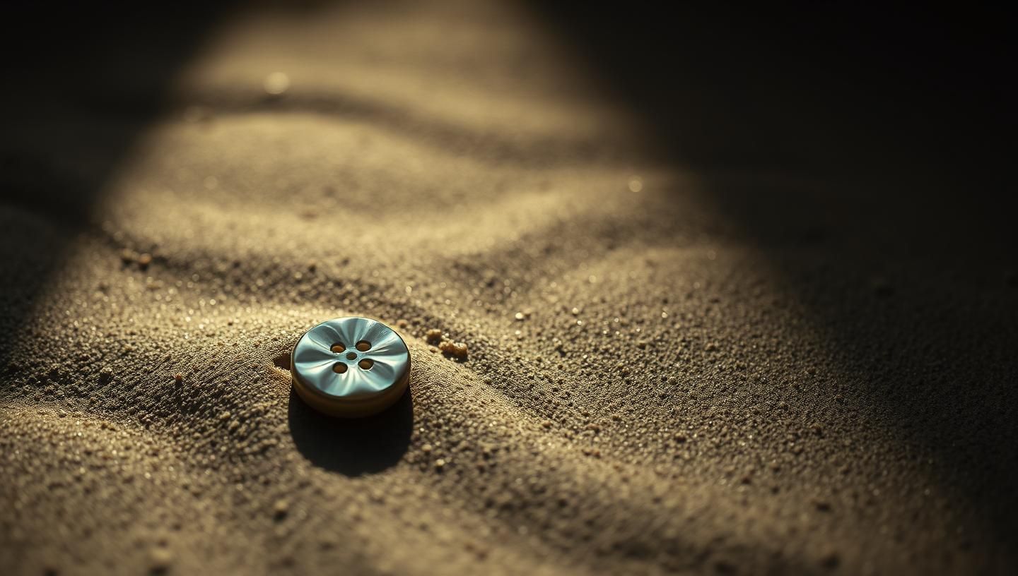 Iridescent Pearl Button on Windswept Beach: Poignant Beauty in Decay, Fine Art
 | Unfold Lens