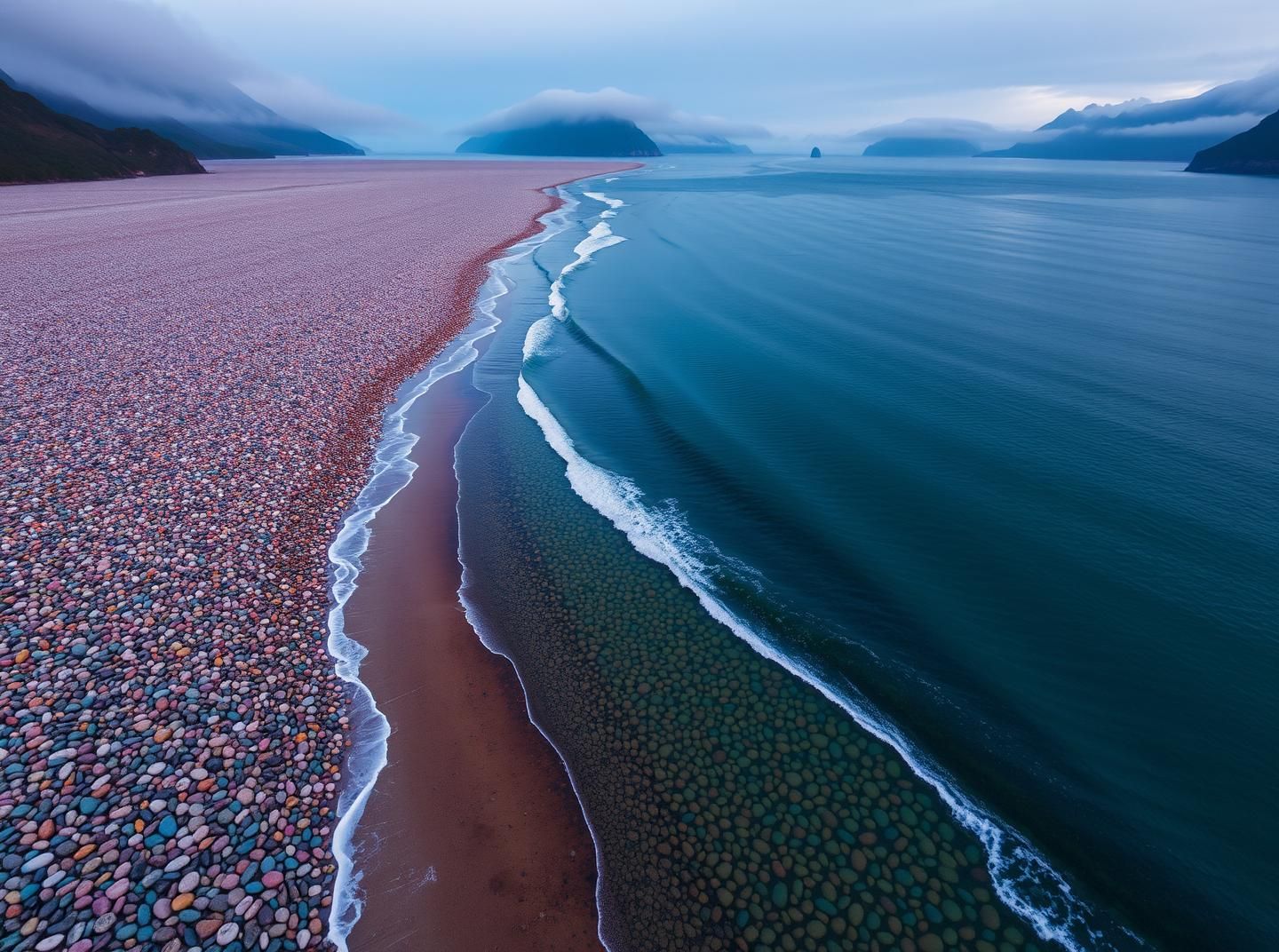 Iridescent Pebble Beach Aerial: Norway, New Zealand Coastline Beauty
 | Unfold Lens