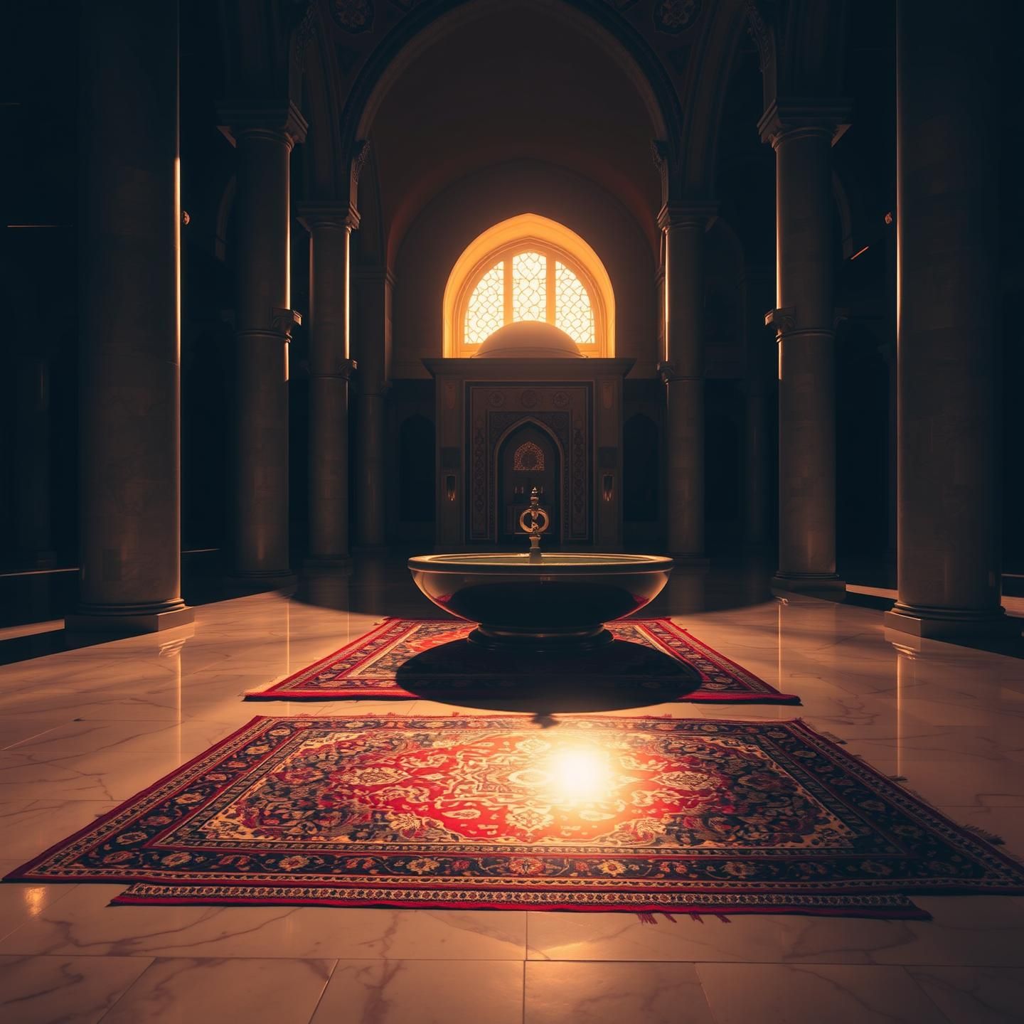 Istanbul Mosque Interior: Golden Light, Ancient Rug, Spiritual Reflection
 | Unfold Lens