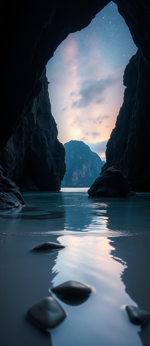 Krabi Sandstone Cliff & Milky Way Sunrise: Serene Sea Cave Photography
 | Unfold Lens
