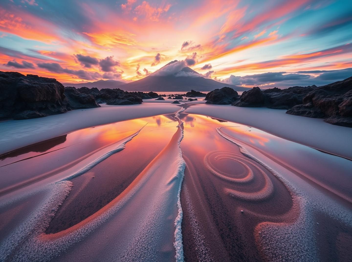 Lombok Sunset Symphony: Fiery Coastal Abstract in 8K Resolution
 | Unfold Lens