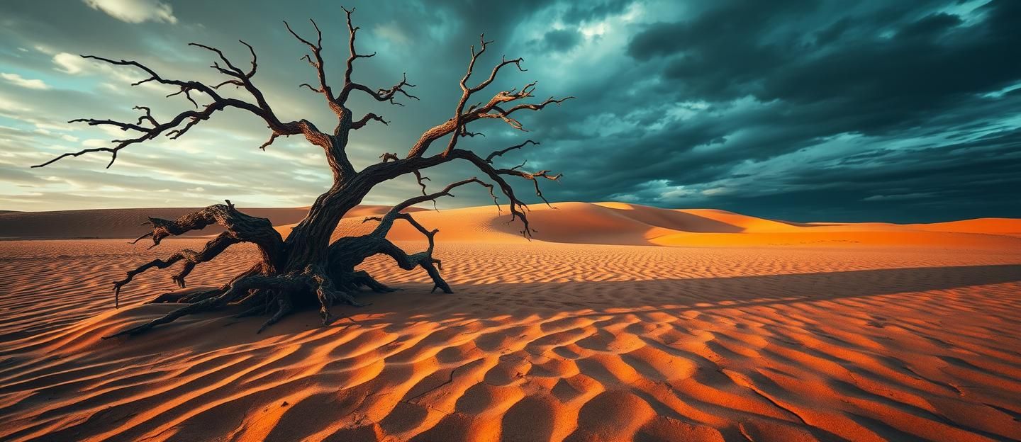 Lone Dead Tree in Prairie Sunset: Moody Golden Hour Shadows & Cracked Earth | Unfold Lens