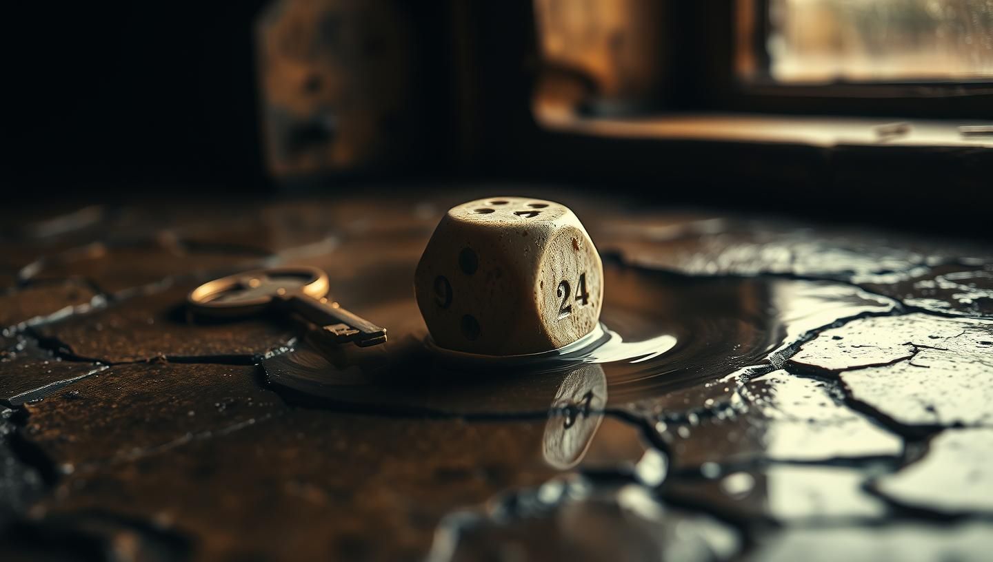 Lost Chance: Nostalgic Die & Key in Stream - Vintage Still Life, 8K Photo
 | Unfold Lens