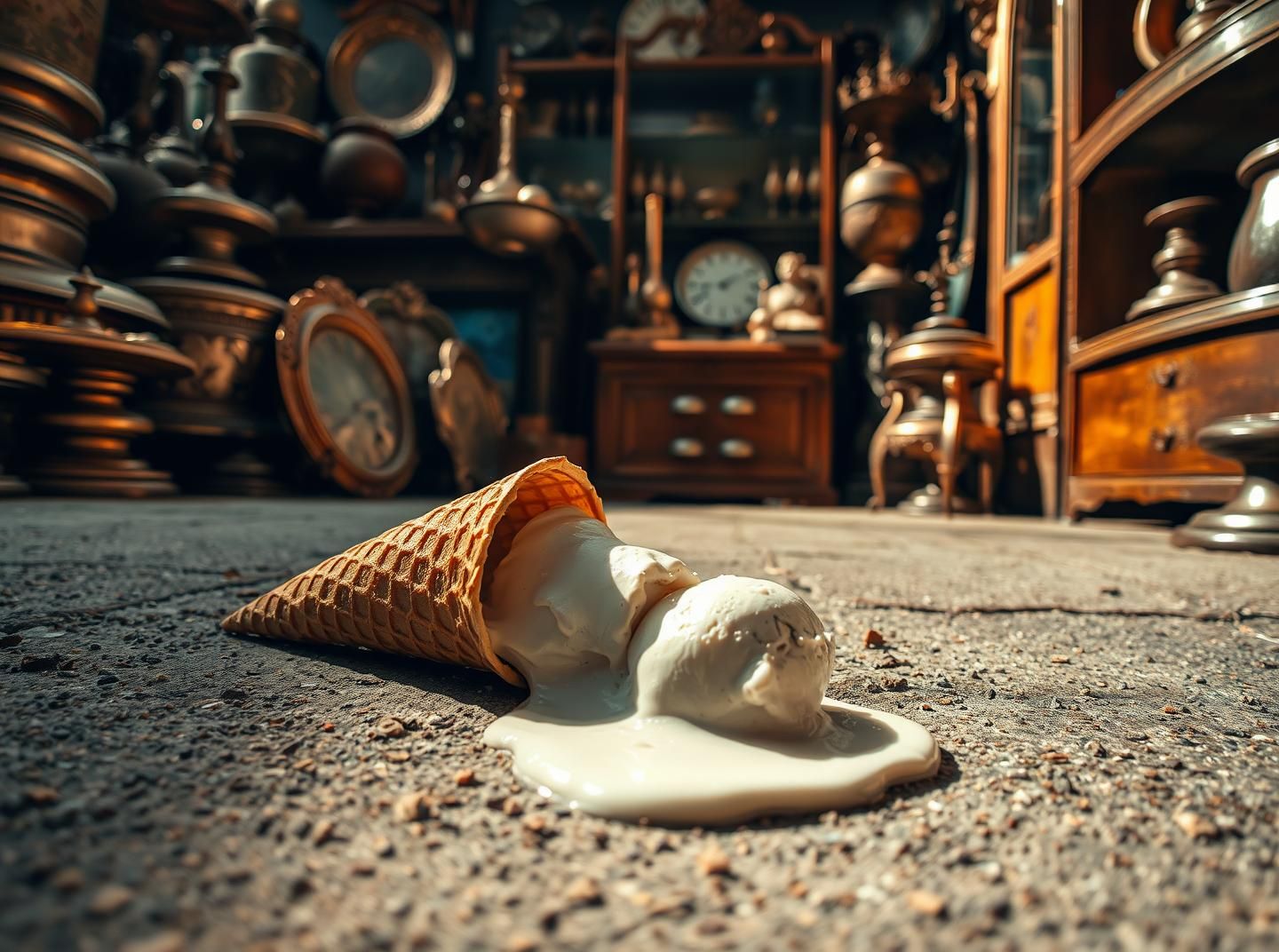 Lost Summer Joy: Dropped Ice Cream Melts on Pavement in Sun's Glare | Unfold Lens