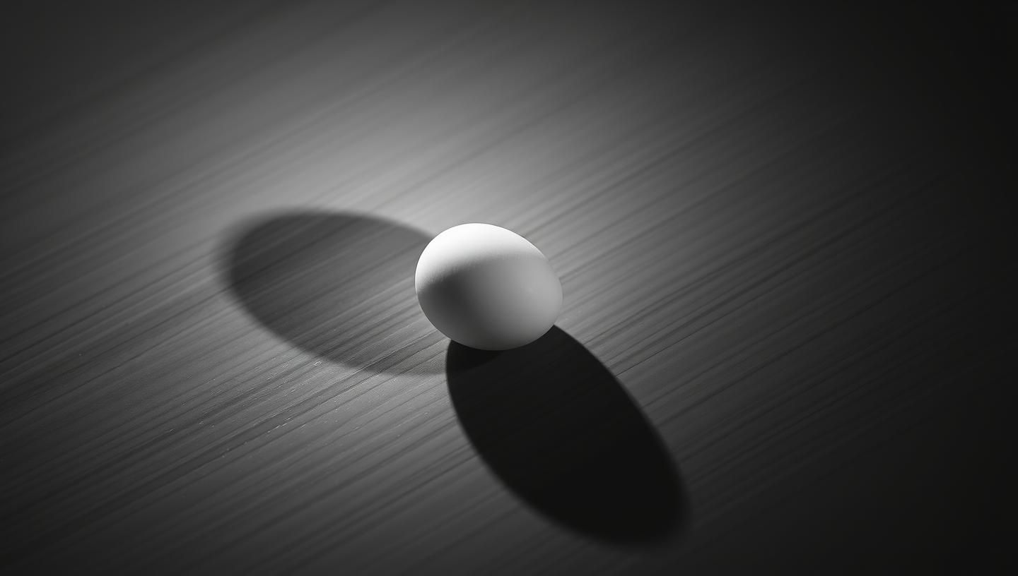 Luminous Egg on Wood: Moody B&W Still Life in 8K - Solitude & Shadow
 | Unfold Lens