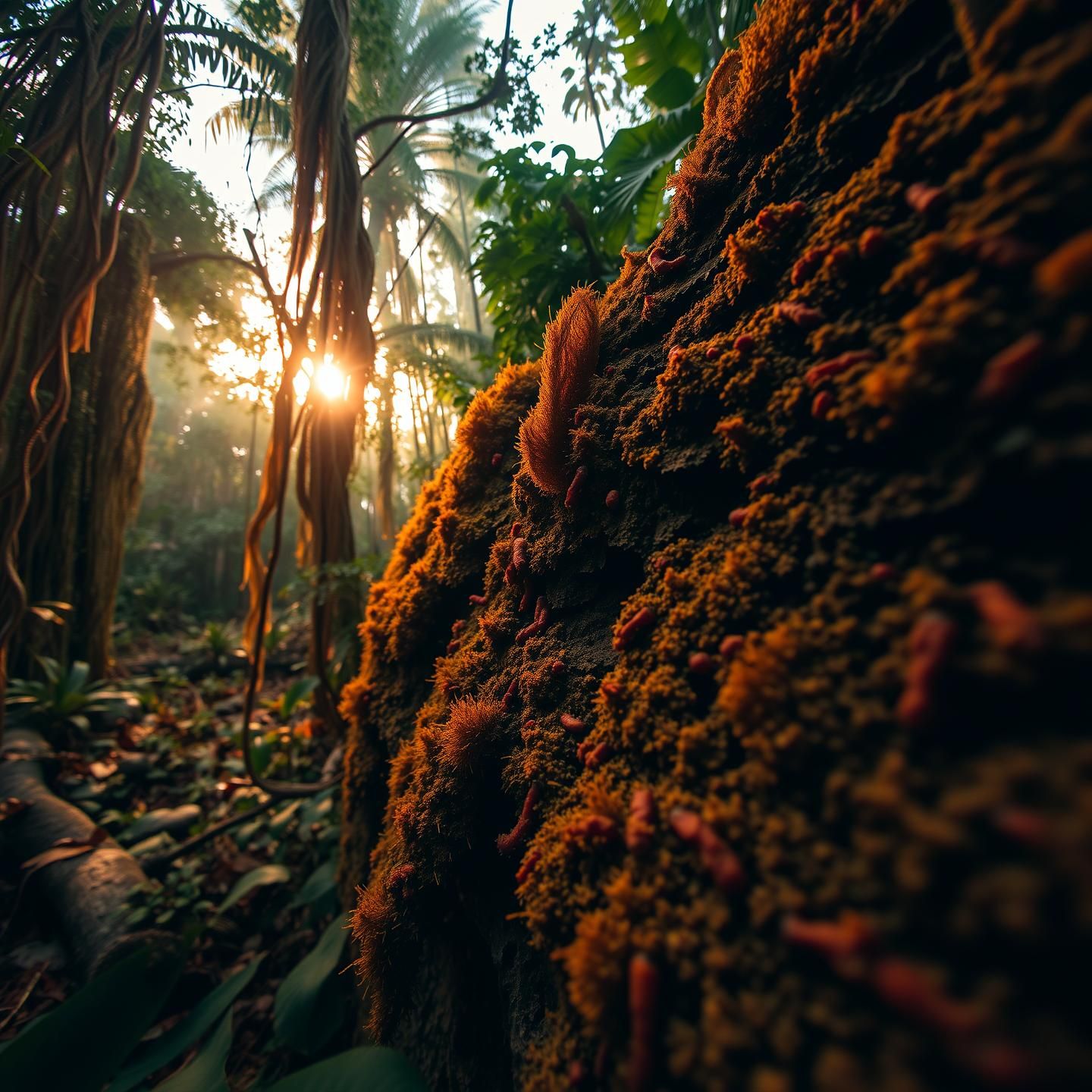 Lush Jungle Adventure: Golden Light, Dense Undergrowth, Tropical Wonder
 | Unfold Lens