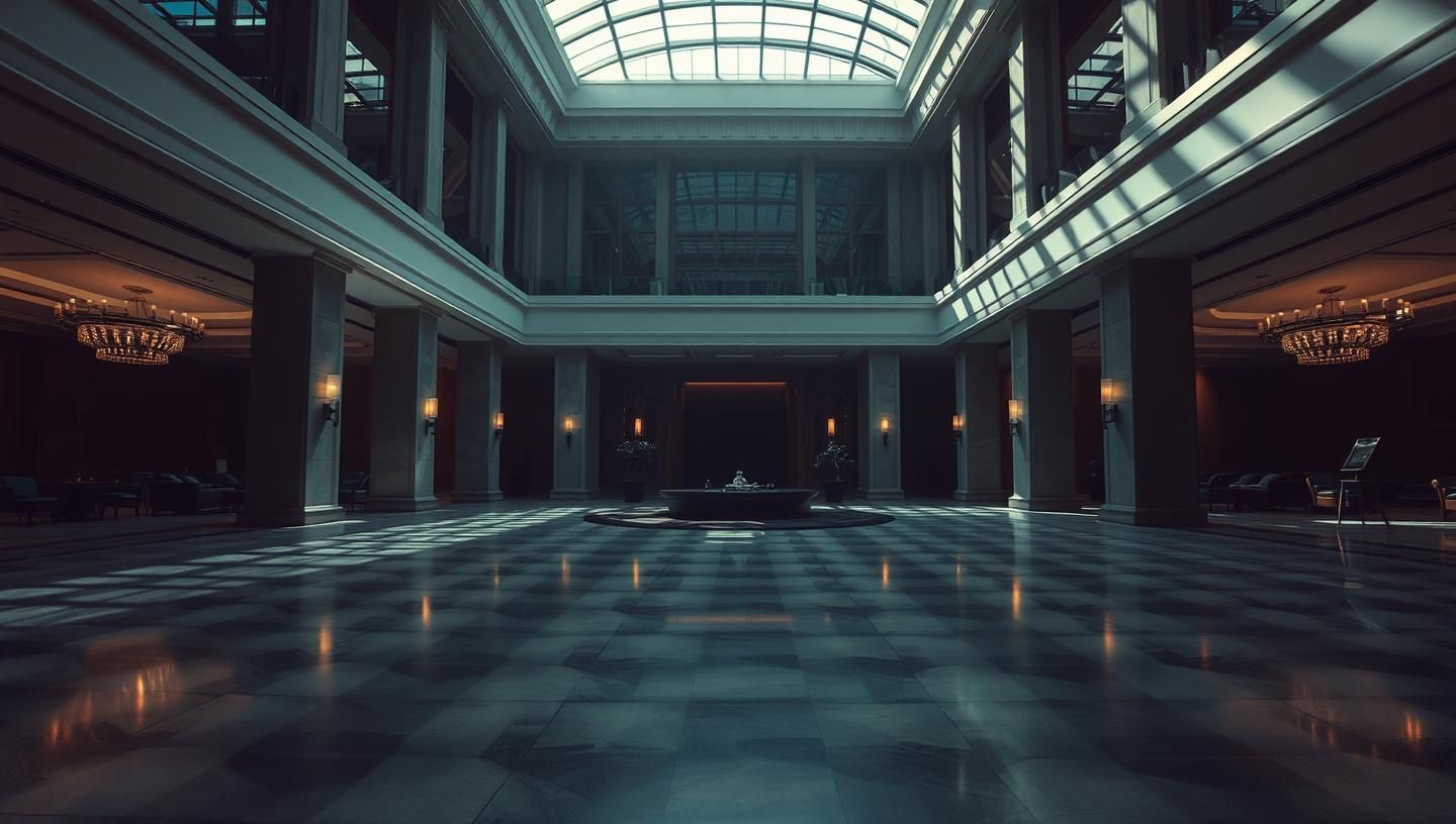 Luxury Hotel Atrium Art Museum: Jewel Tones, Modern Heritage, 8K Masterpiece
 | Unfold Lens
