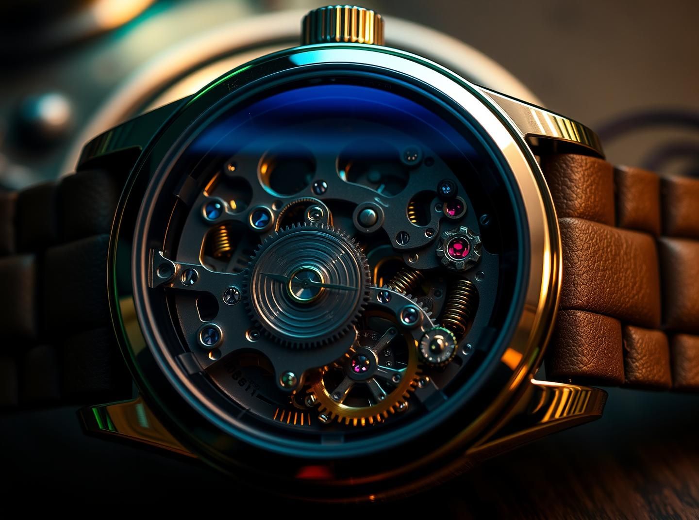 Luxury Watch Interior Macro: Steampunk Gears, Jewels, Glowing LEDs, Sci-Fi Art
 | Unfold Lens