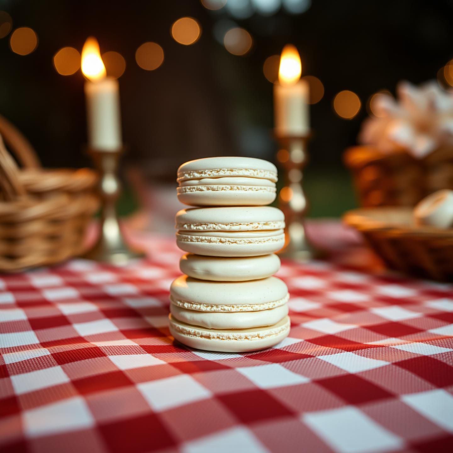 Macaron Tower Picnic: Sweet Treat, Vintage Style, Candlelight Romance, 8k
 | Unfold Lens