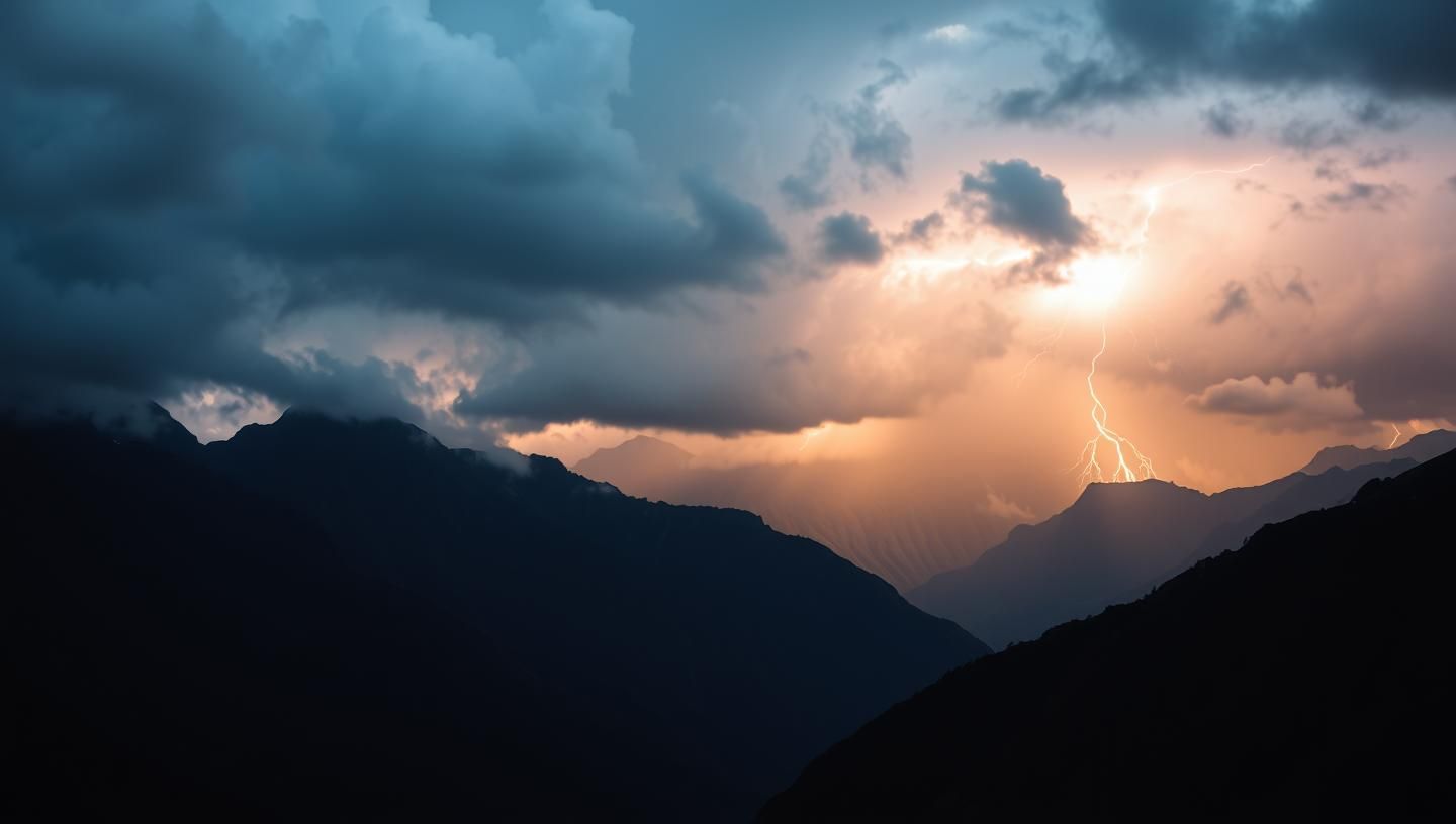 Machu Picchu Andes Thunderstorm: Golden Hour Lightning Over Moody Mountains | Unfold Lens