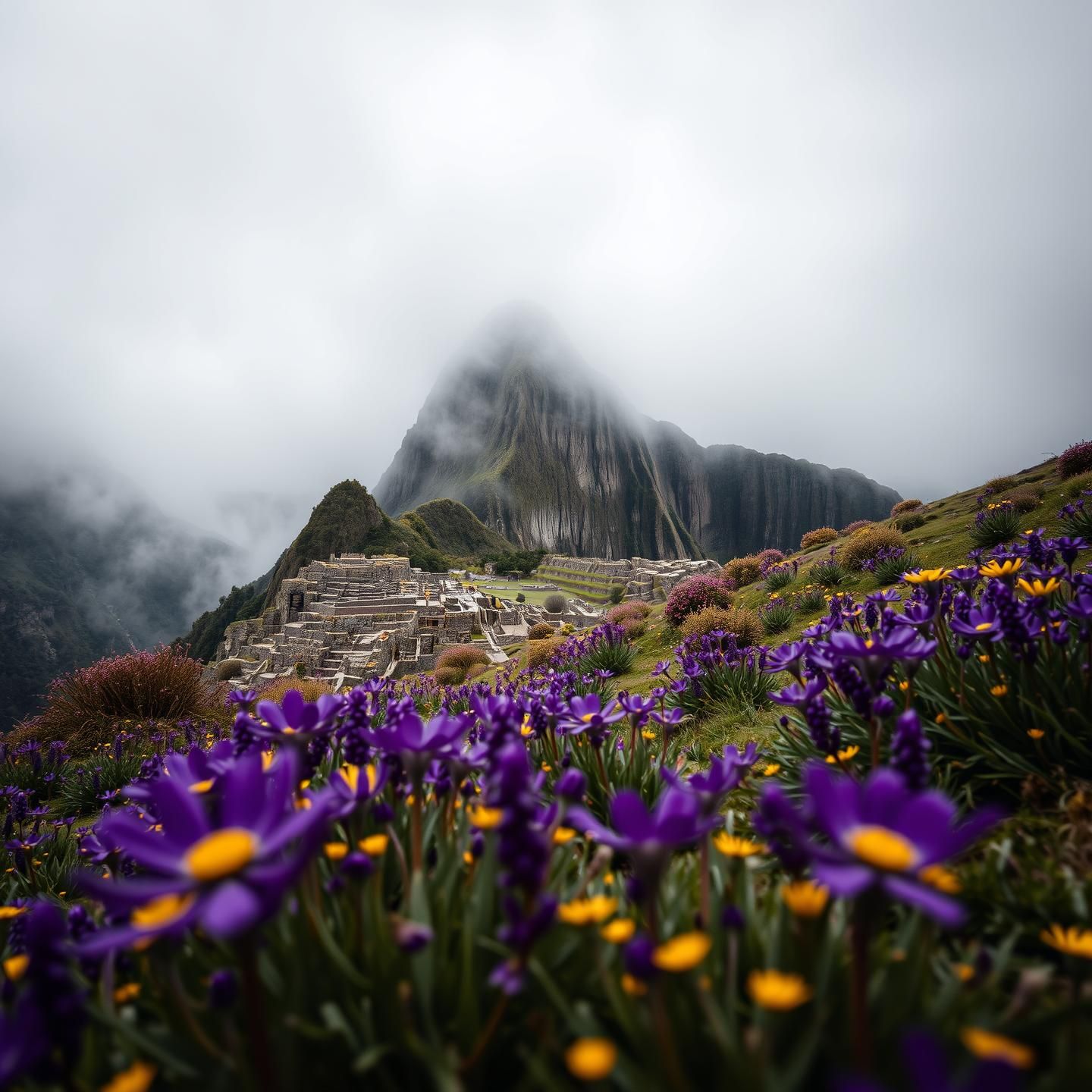 Machu Picchu Meadow: Vibrant Flowers, Foggy Peaks, Inspiring Peru Beauty
 | Unfold Lens