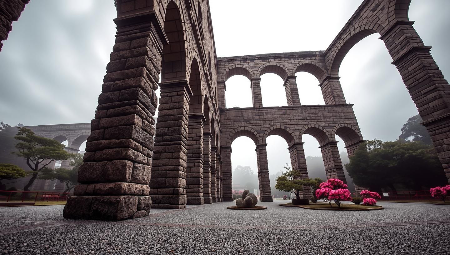 Majestic Aqueduct Japanese Garden: Serene Beauty, Architectural Wonder
 | Unfold Lens