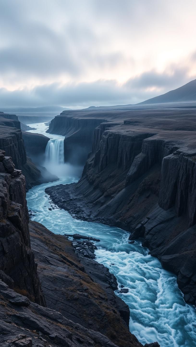 Majestic Canyon River: Breathtaking Waterfall at Twilight, Norway - 8K Nature
 | Unfold Lens