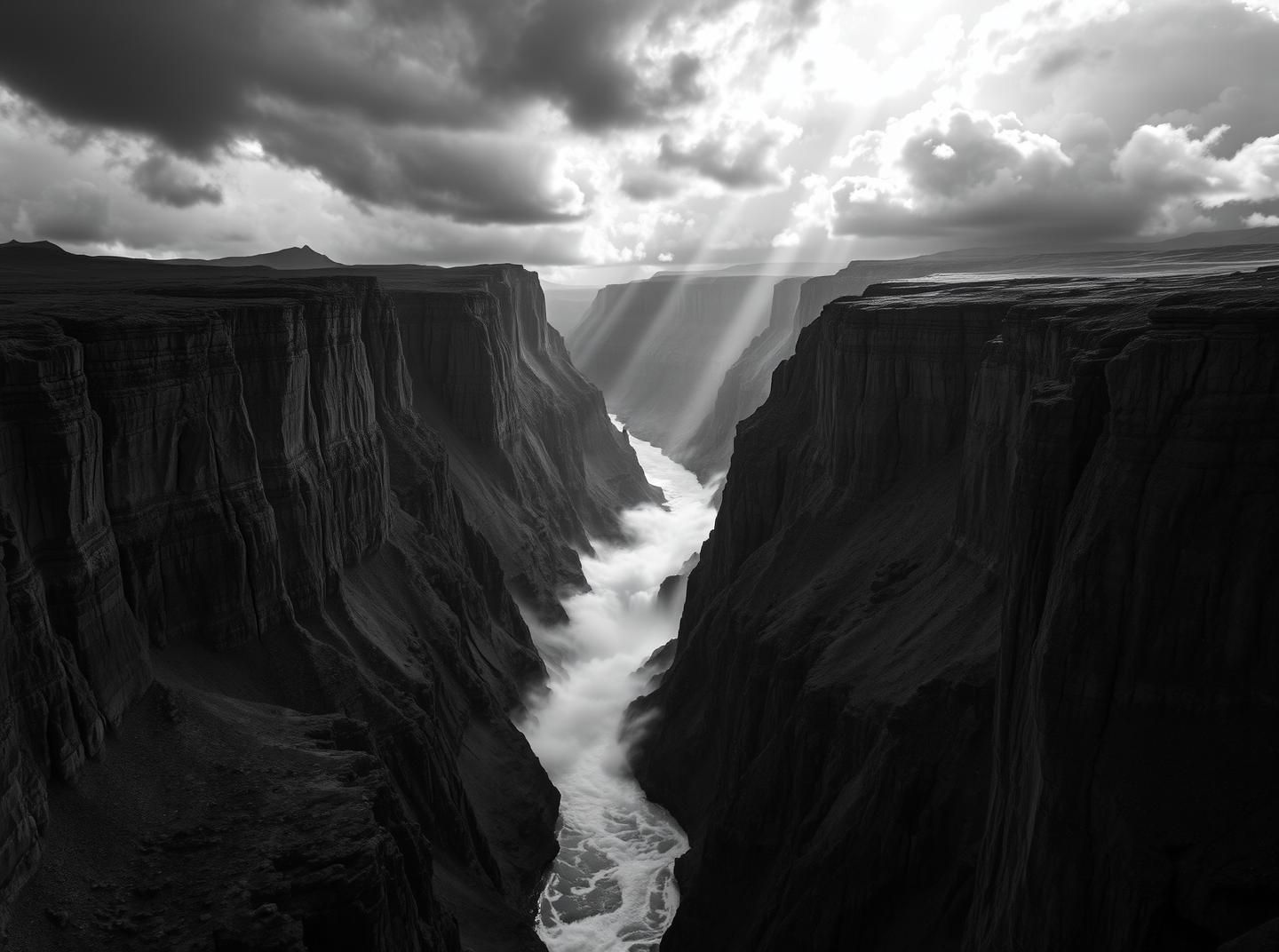 Majestic Canyon River in Moonlight: Breathtaking Black & White Landscape
 | Unfold Lens