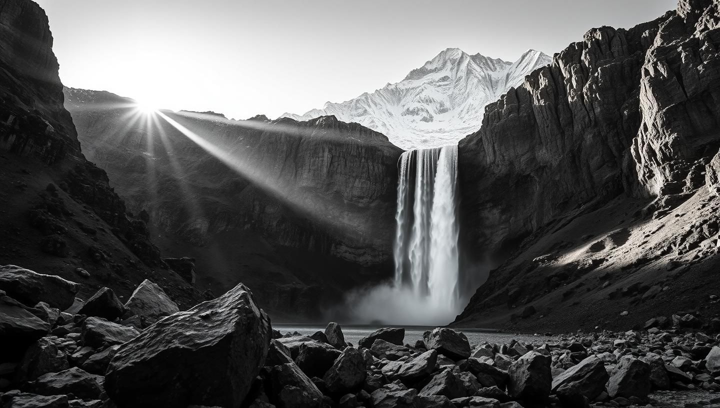 Majestic Himalayan Waterfall: Everest Region Black & White Landscape in Nepal | Unfold Lens