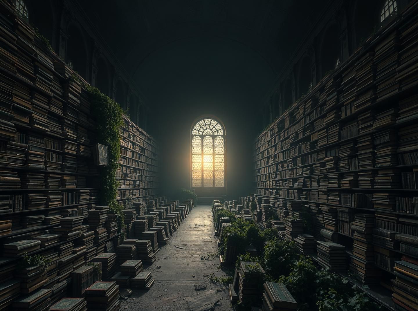 Majestic Library Sunset: Inspiring Solitude in Grand Hall, Atmospheric 8K View
 | Unfold Lens