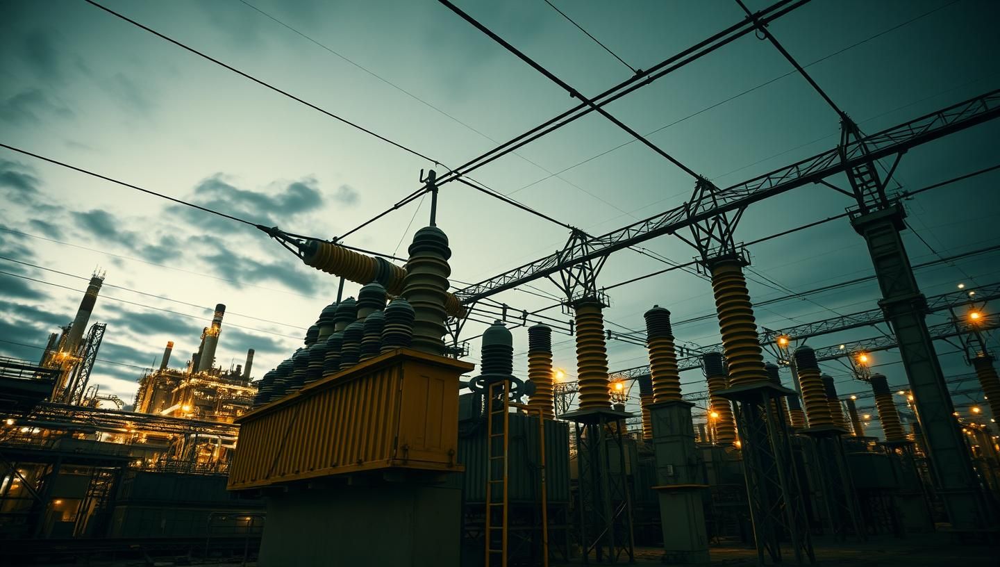 Majestic Oil Refinery & Substation at Dusk: Industrial Power & Transformation
| Unfold Lens