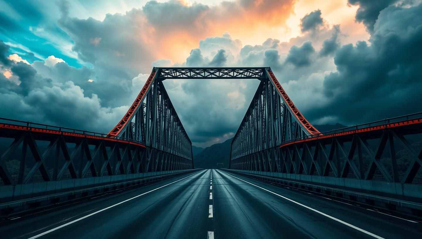 Majestic Railway Bridge: Inspiring Architecture Amidst Dramatic Storm, 8k Resolution
 | Unfold Lens
