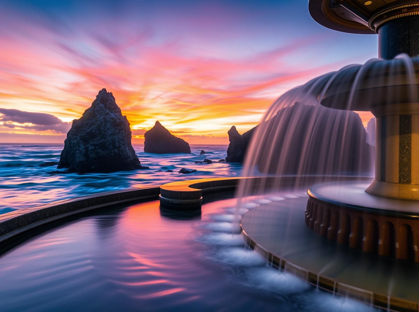 Majestic Seastacks Blue Hour: Tranquil Ocean & Warm Sky - 8K Masterpiece
 | Unfold Lens