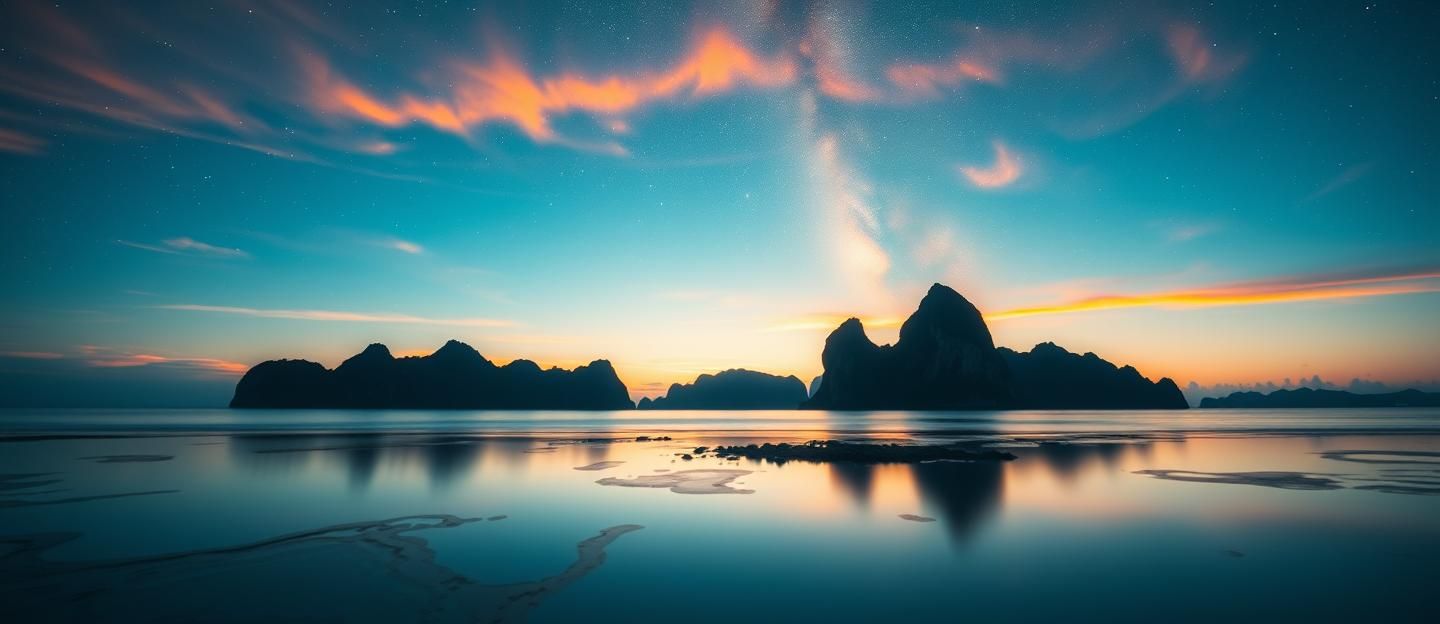 Maldives Sunset: Raja Ampat Karst Silhouettes, Milky Way Reflection, 8K
 | Unfold Lens